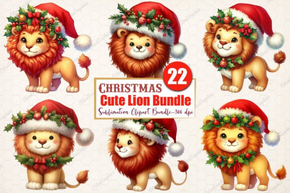 Download Watercolor Christmas Cute Lion Clipart - Premium Bundle